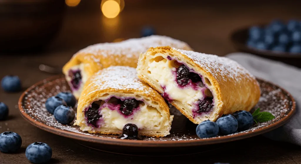Golden brown blueberry cream cheese egg rolls on a plate, with blueberry filling oozing out and dusted with powdered sugar.