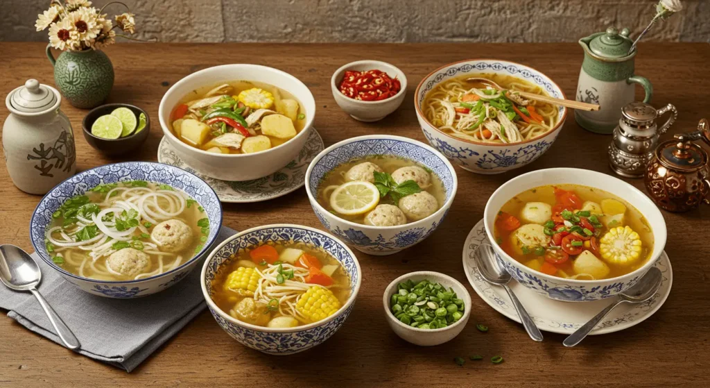 A variety of chicken noodle soup styles from around the world served in traditional bowls on a wooden table.