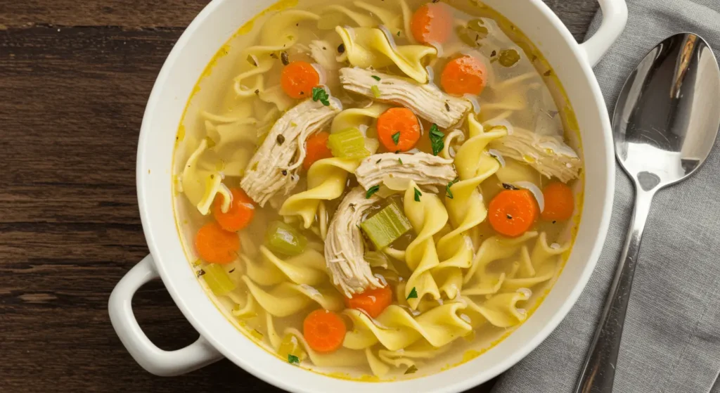 Overhead shot of a bowl of chicken noodle soup with egg noodles, shredded chicken, and vegetables on a wooden table.