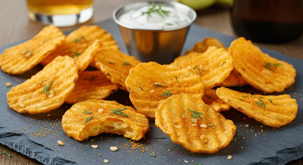 Crispy golden-brown potato chips coated in orange cheddar cheese powder and dill seasoning, artfully arranged on a dark slate board with beer and dip pairing