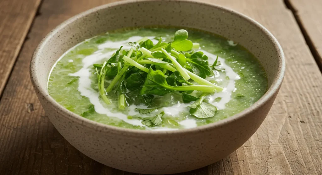 Fresh radish greens with bright green leaves in a wooden bowl