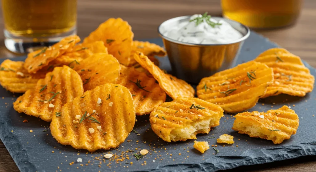 A close-up of golden baked cheesy pickle chips topped with herbs, served on a dark slate board alongside a creamy dill dipping sauce.