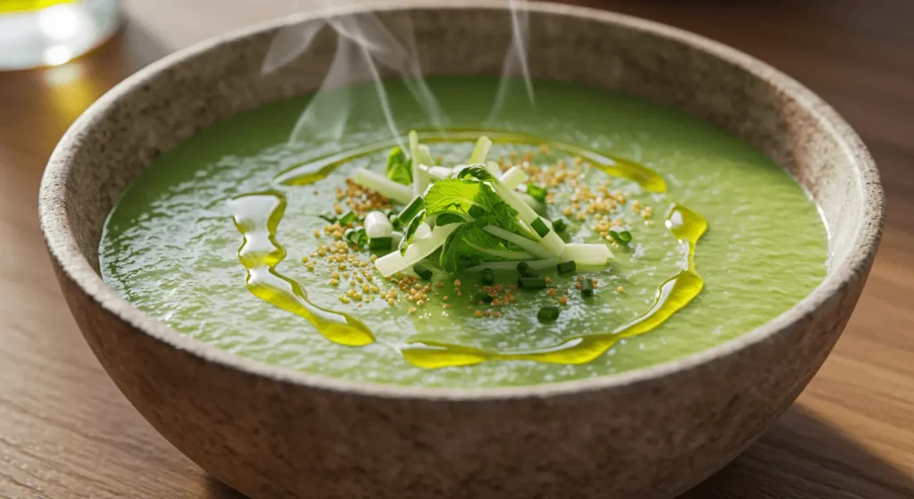 Bowl of creamy radish top soup garnished with a drizzle of olive oil and radish slices