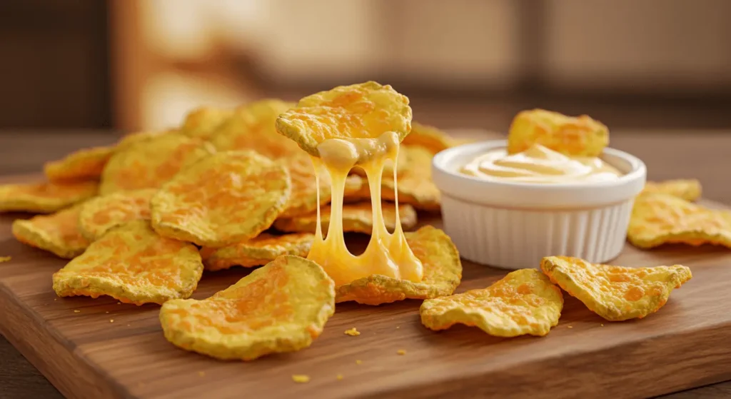 Golden, crinkle-cut cheesy pickle chips garnished with fresh dill, served on a slate platter with a side of creamy dipping sauce.