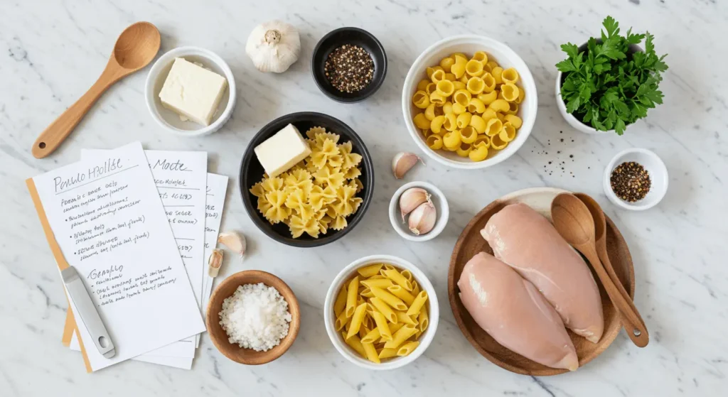 Cooking ingredients for white cheddar chicken pasta arranged on a kitchen counter.