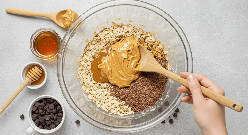 Mixing peanut butter, oats, and honey to make energy balls