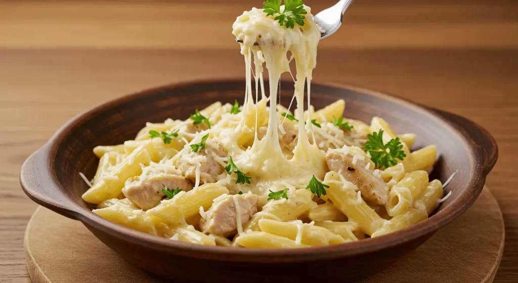 White cheddar chicken pasta in a rustic bowl with creamy sauce and parsley garnish.