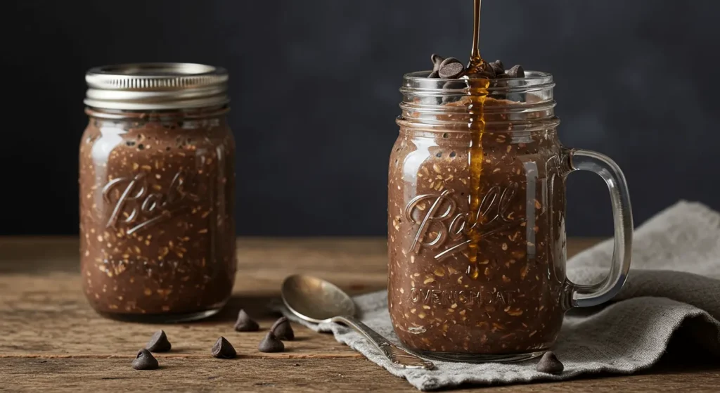 Flat lay of brownie batter overnight oats ingredients on a rustic surface.
