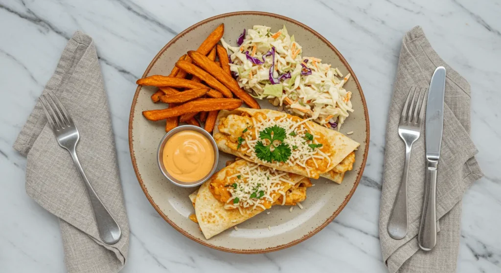 Flat lay of cheesy garlic chicken wraps with fries, coleslaw, and dipping sauce on a marble countertop.