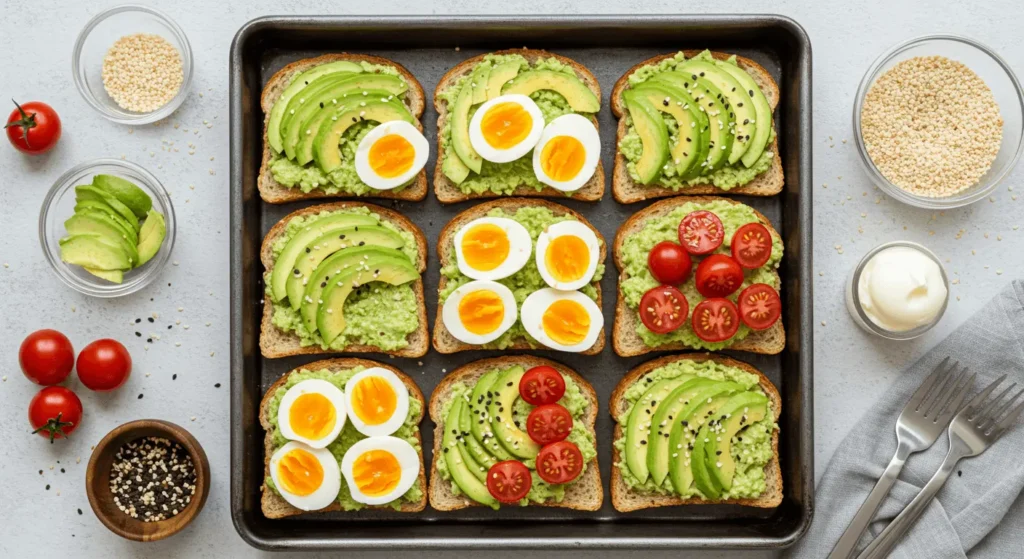Meal prep tray with assorted avocado egg toast variations.