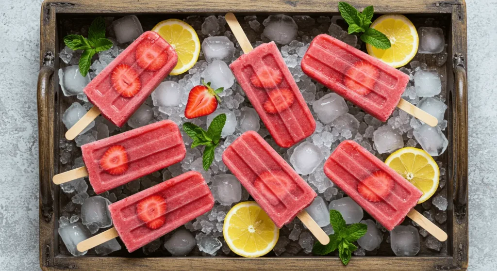 Melting strawberry lemonade popsicle on picnic blanket with fresh fruit.