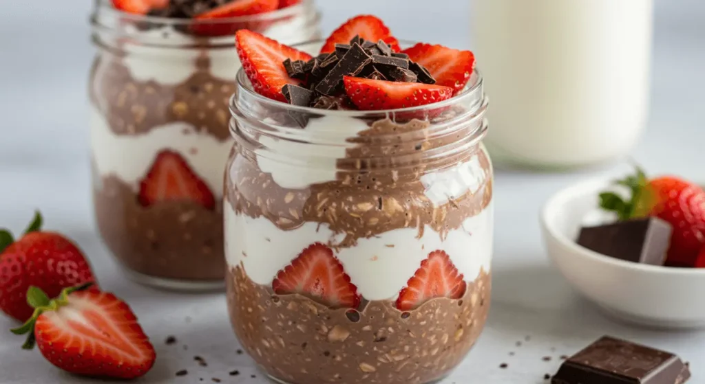 Bowl of brownie batter oats with fruit and nut butter toppings.