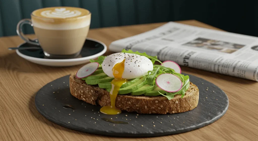 Gourmet avocado toast with poached egg and fresh greens in a café setting.