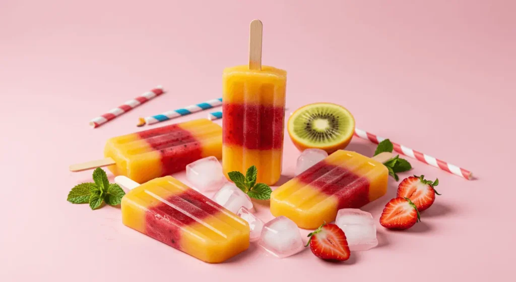 Layered strawberry lemonade popsicles on pastel background with fruit.