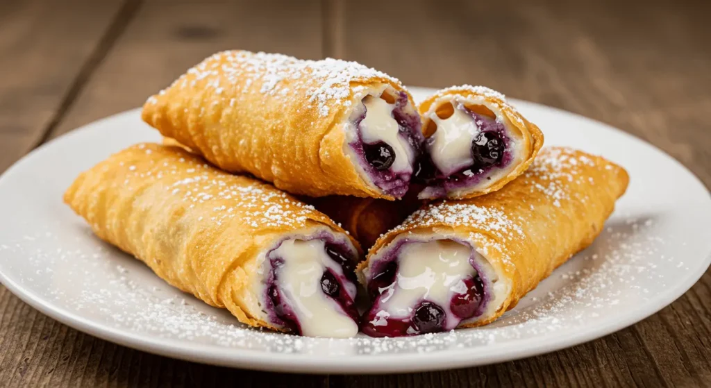 Golden brown blueberry cream cheese egg rolls on a plate, with blueberry filling oozing out and dusted with powdered sugar.