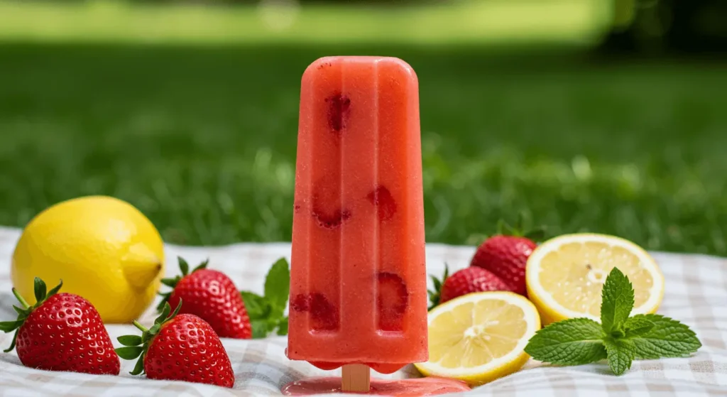 Melting strawberry lemonade popsicle on picnic blanket with fresh fruit.
