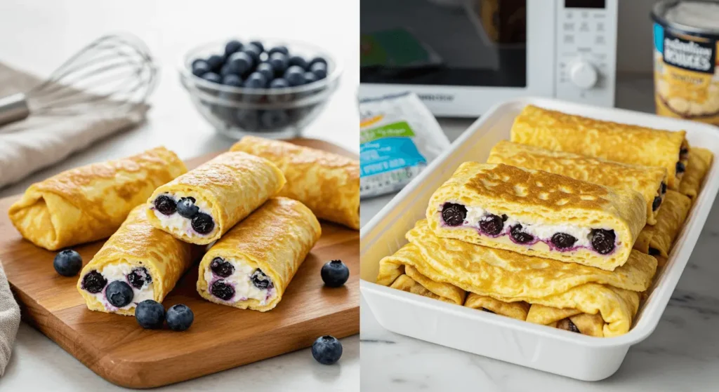 Side-by-side image showing homemade blueberry cream cheese egg rolls on a wooden board next to store-bought rolls in plastic packaging.