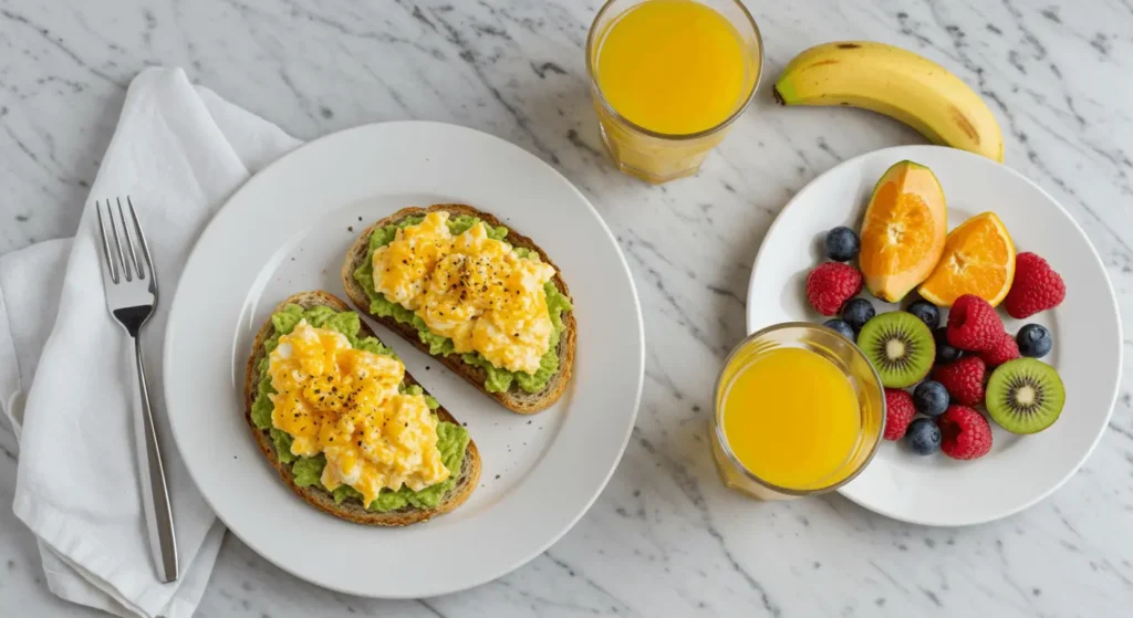 Scrambled egg avocado toast in a clean minimalist breakfast setting.