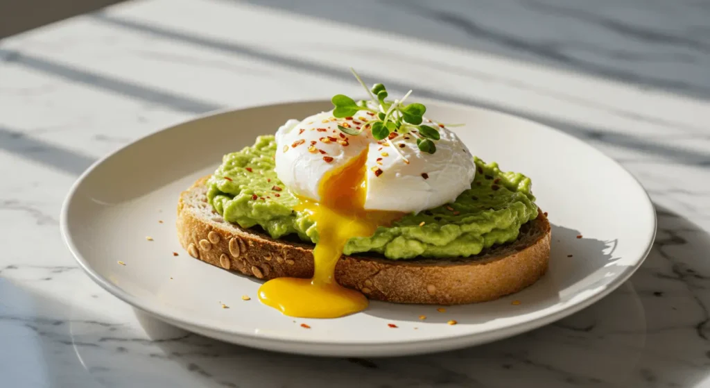 Close-up of gourmet avocado toast with poached egg and toppings on white plate.