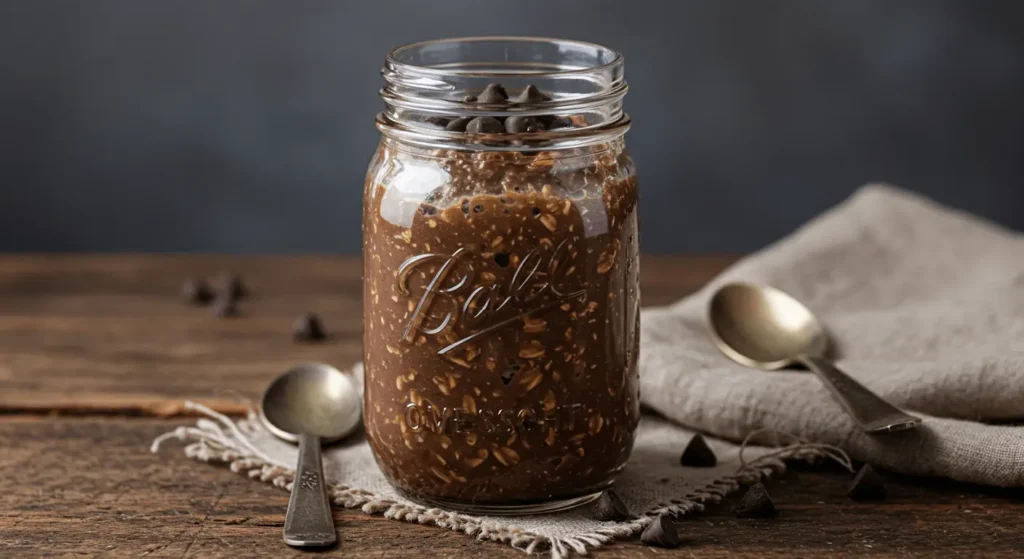 Creamy brownie batter overnight oats in a glass jar with chocolate chip topping.