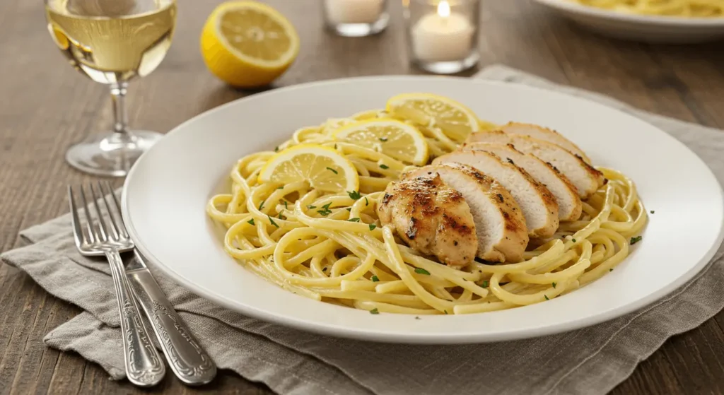 Creamy cowboy butter chicken linguine served with wine on a rustic wooden dinner table.