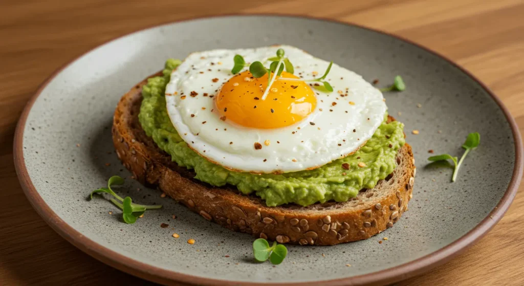 Avocado egg toast with sunny-side-up egg on a rustic plate.