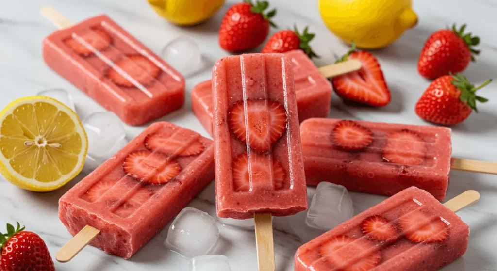 Close-up of strawberry lemonade popsicles with fresh fruit on white marble.